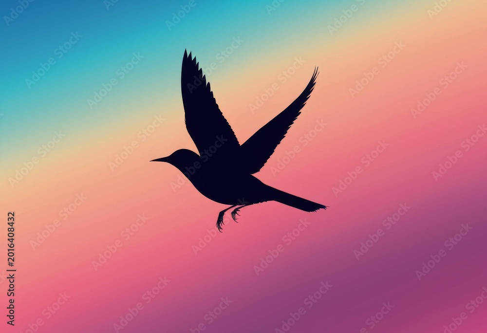 Fototapeta premium Silhouette of a bird flying in a colorful sunset sky