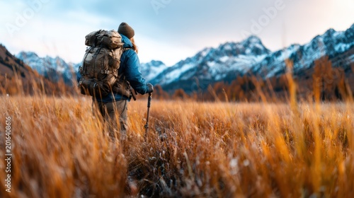 A lone hiker with a backpack stands in a picturesque mountain landscape during golden hour, embracing nature's beauty and the thrill of exploration and adventure.