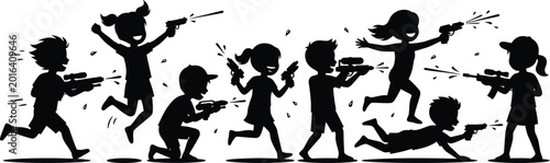 Schilderij op canvas Children playing action game with toy guns isolated on white background, Vector