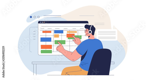 Man with headset managing schedule on digital calendar display