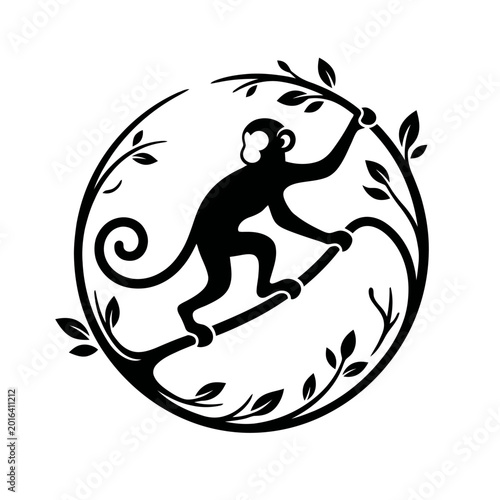 Photography Black silhouette monkey climbing circular tree branch.
