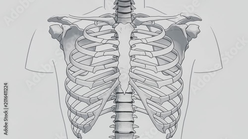 Human rib cage and spine anatomical animation of breathing motion