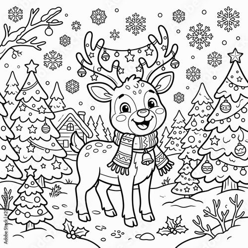 A cheerful cartoon reindeer in a snowy forest with Christmas trees and snowflakes.