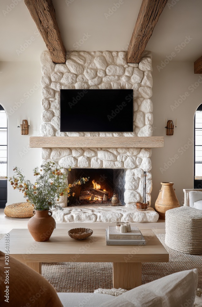Naklejka premium Cozy living room featuring a rustic stone fireplace with a modern television and warm wooden accents