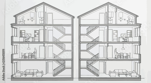 Obraz na płótnie Cross section of a multistory residential building with interior furniture and p