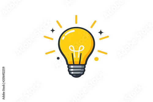 Bright yellow light bulb glowing with sparkles. Simple photo illustration on white background. Clean design suitable for ideas or innovation themes