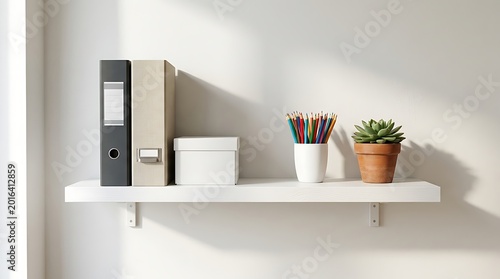 Organized shelf with office binders pencils and a small green plant in a bright room