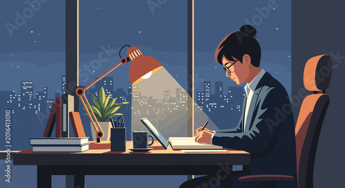 Photos A young man in glasses and a suit is diligently working at his desk in a dimly lit office, illuminated by a desk lamp, with a cityscape visible through the window at night