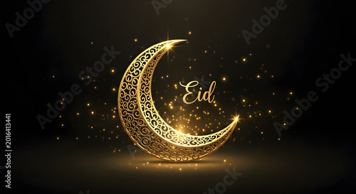 Golden crescent moon and stars celebrating eid al fitr or eid al adha