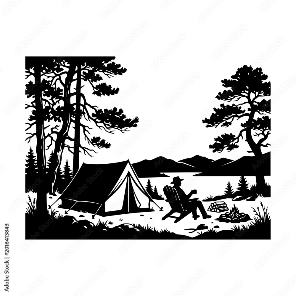 Fototapeta premium Forest Camping Tent Wilderness Nature Vector