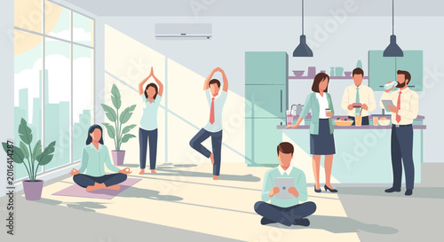 Bild auf Leinwand Employees practicing yoga and meditating in a modern office while others socialize in the kitchen area, promoting workplace wellness and a balanced lifestyle