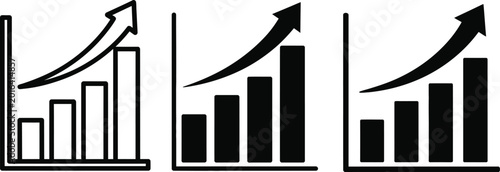 Obraz na płótnie Three black and white line icons of growing bar charts with arrows