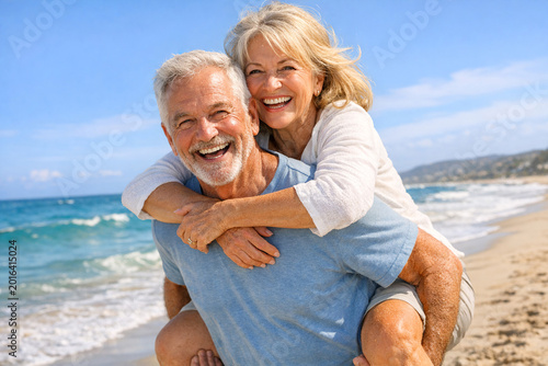 A joyful elderly man and woman hugging on a sandy shore with the ocean in the background