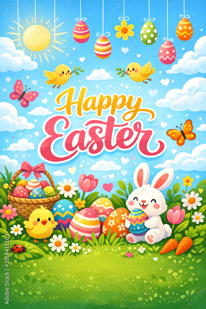 Fototapeta premium Colorful illustration featuring a bunny, eggs, and Easter decorations with the text 'Happy EASTER'.