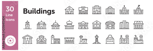 Tableau sur toile Set of thirty detailed architectural line icons representing various types of bu