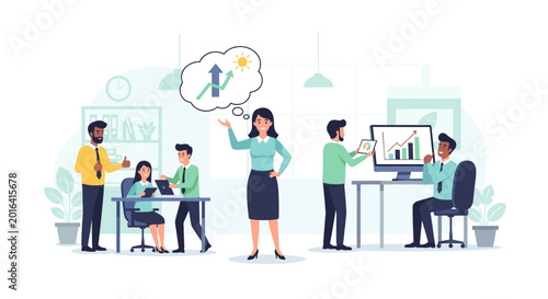 Canvastavla A business team collaborating in an office, with a female leader envisioning growth and success, while colleagues analyze data and work together