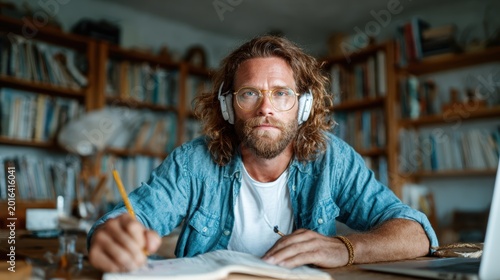 A contemplative man with headphones immersed in his creative work, showcasing concentration and artistic spirit in a well-organized workspace filled with books.