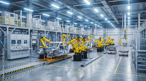 Automated Car Assembly Line with Industrial Robotic Arms in Modern Smart Factory Manufacturing Plant