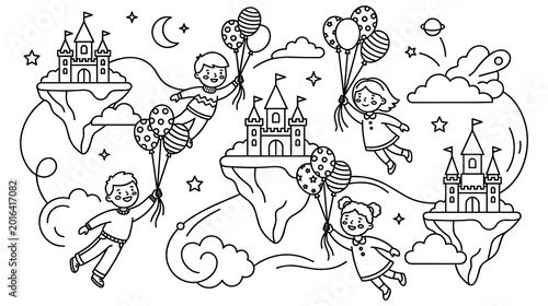Bild auf Leinwand Group of children flying with balloons and visiting floating land castles