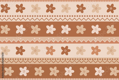 Cuadro en lienzo Retro folk art floral seamless pattern in earthly brown tones, bohemian botanical vector illustration with minimalist geometric borders and simple flowers