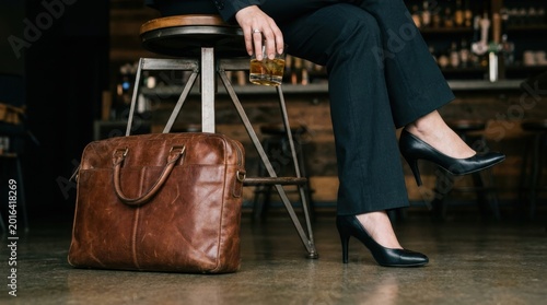 Woman in business attire sits on a stool holding a glass of whiskey beside a leather briefcase