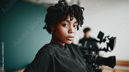 A striking portrait of a young woman with beautiful natural curls, showcasing her confidence and creativity within a dynamic studio setting equipped for visual storytelling.