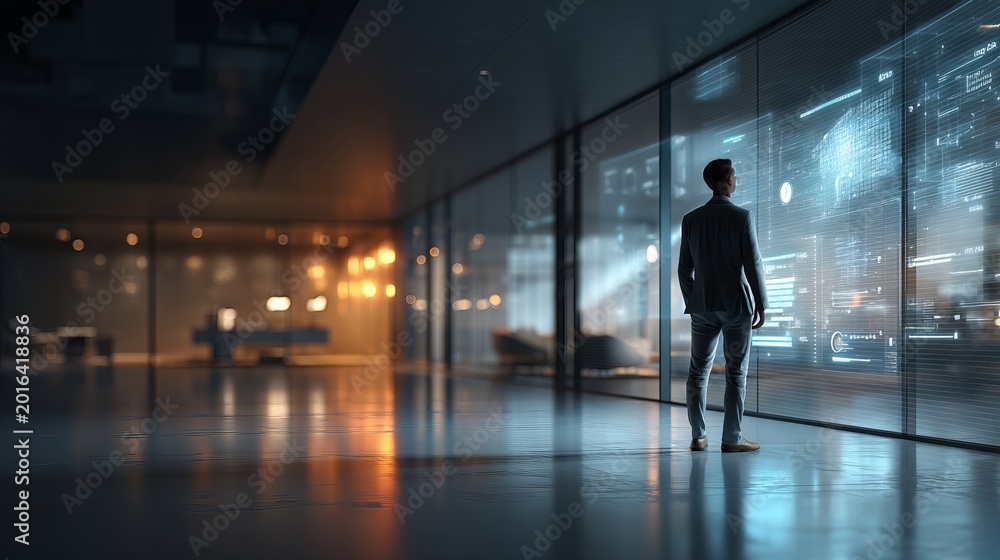 Fototapeta premium Professional Man Standing in Modern Office with Digital Display