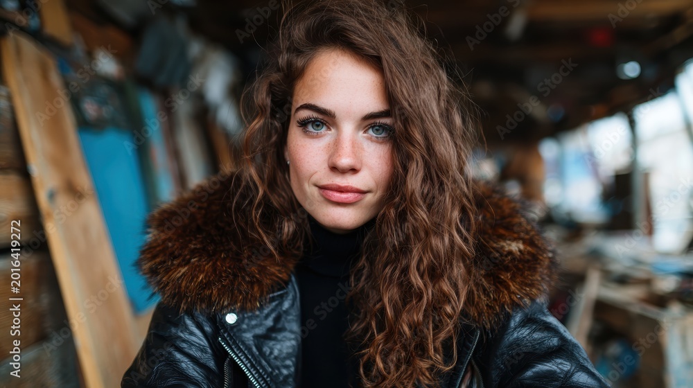 Fototapeta premium A confident young woman poses in a stylish leather jacket, exuding charm and strength in a cozy workshop environment filled with character and rustic elements.
