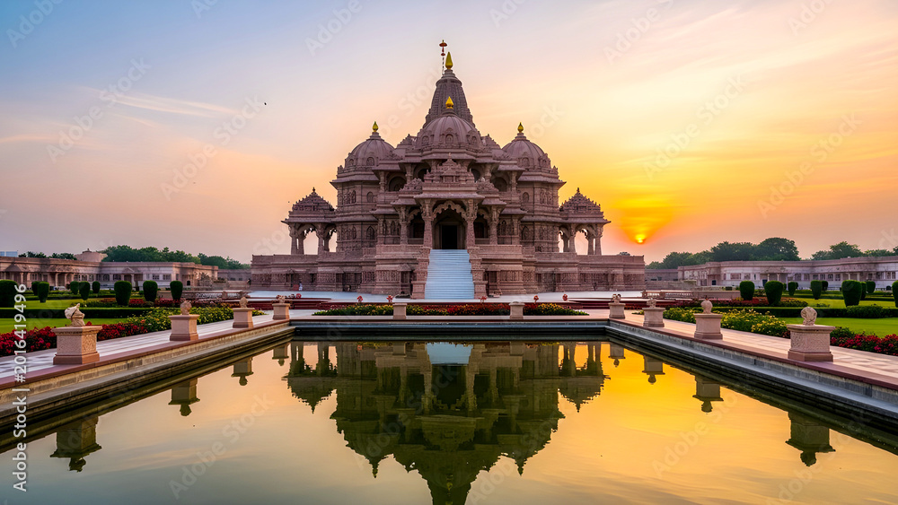 Obraz premium Sunrise Hindu Temple Reflected in Calm Pool