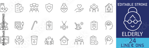 Elderly care and senior citizen line icon set. Vector symbols for retirement, nursing home, healthcare assistance, aging lifestyle, and geriatric care.