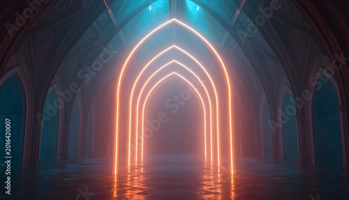 Futuristic cathedral interior with glowing neon arches and reflections in misty blue light surreal architecture vector illustration