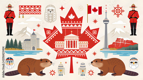 Vibrant Canadian cultural symbols and landmarks illustrated in a folk art style, featuring beavers, Mounties, and iconic buildings.