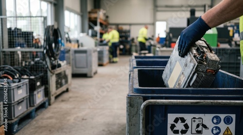 Hand wearing blue glove places used battery into recycling bin in industrial facility