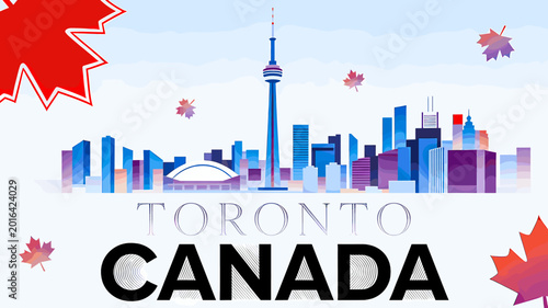 Photography Vibrant cityscape of Toronto, Canada, featuring the iconic CN Tower and modern skyscrapers, adorned with autumn maple leaves