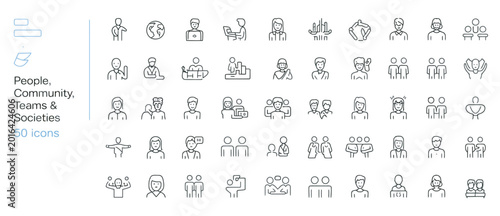 Foto Fifty line icons representing people community teams and society for social netw