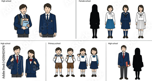 Bild auf Leinwand Set of diverse Japanese school students in various uniforms including high schoo