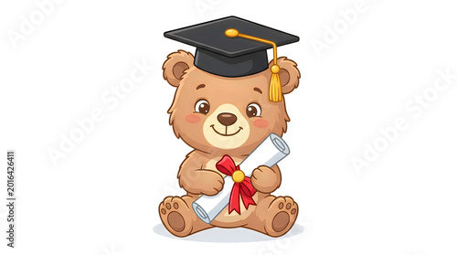 Cute cartoon teddy bear wearing a graduation cap holding a diploma