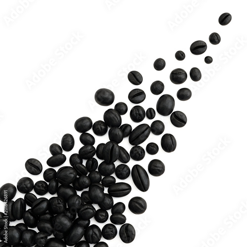Roasted coffee beans flowing upwards in a dynamic scattered pattern