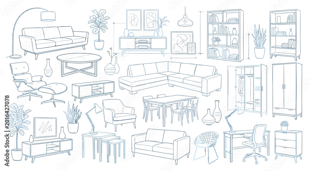 Obraz premium Set of modern furniture icons in isometric view, handdrawn sketch style