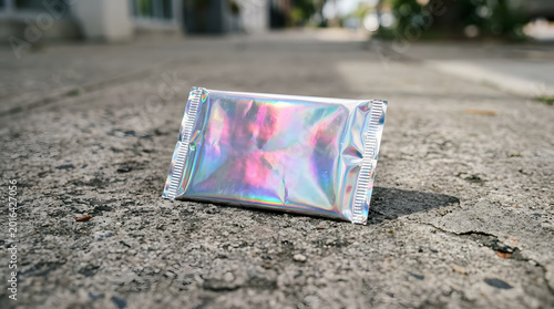 Iridescent booster pack mockup on raw concrete surface