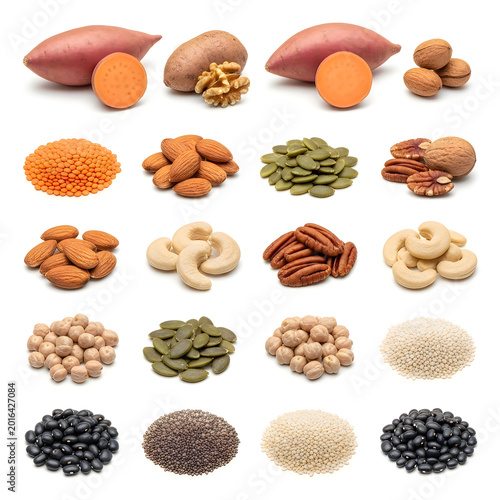 Collection of raw healthy nuts seeds legumes and assorted dried beans