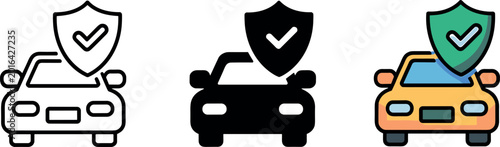 Set of car insurance and vehicle protection icons with shield and checkmark symbols for automotive safety services