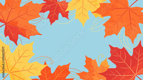 Vibrant autumn leaves in shades of red, orange, and yellow framing a light blue background with subtle decorative swirls, perfect for a seasonal design.