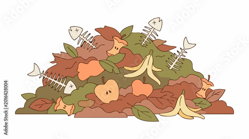 Canvastavla Illustration of organic food waste pile with fruit peels, leaves, and fish bones