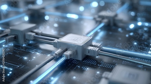 Detailed close up view of an advanced circuit board showcasing glowing blue energy paths and modular connector ports