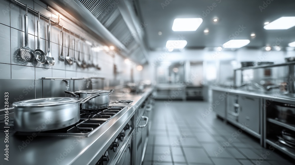 Obraz premium Professional Restaurant Kitchen Interior with Stainless Steel Equipment and Culinary Tools