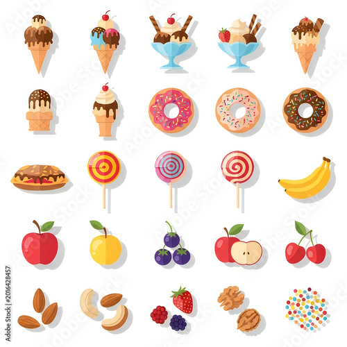 Set of colorful sweet desserts and fresh fruit icons