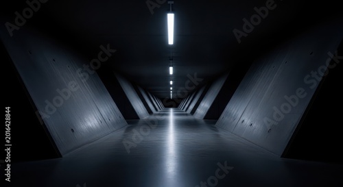 Futuristic dark concrete tunnel with glowing overhead lights