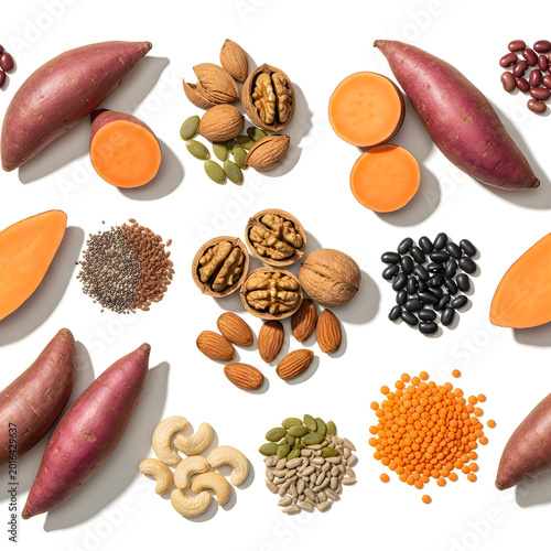 Healthy mix of sweet potatoes nuts seeds and beans as a food pattern
