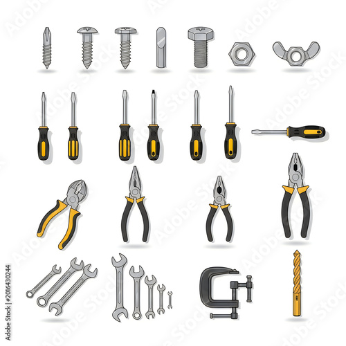 Set of various hand tools screwdrivers pliers wrenches and metal screws